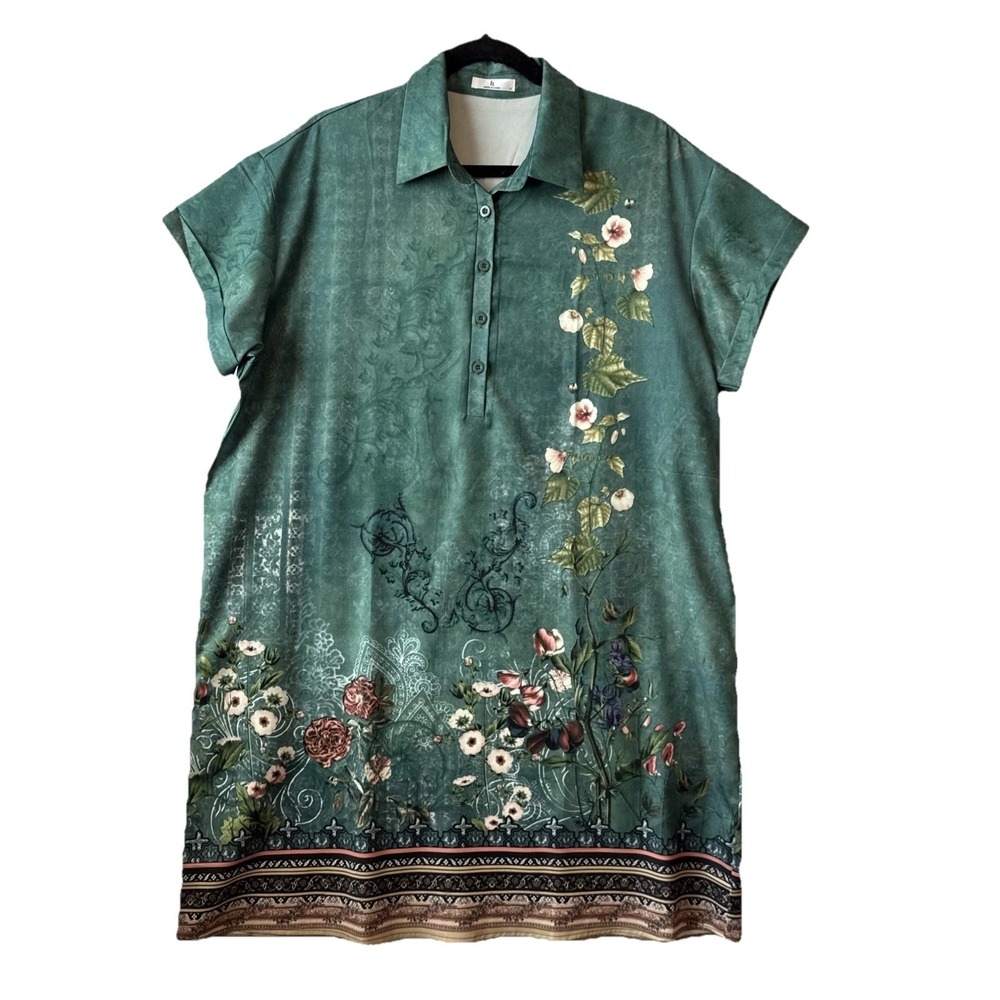 Boho Botanical Green Floral Print Short Sleeve Shirt Lightweight Dress XL Resort